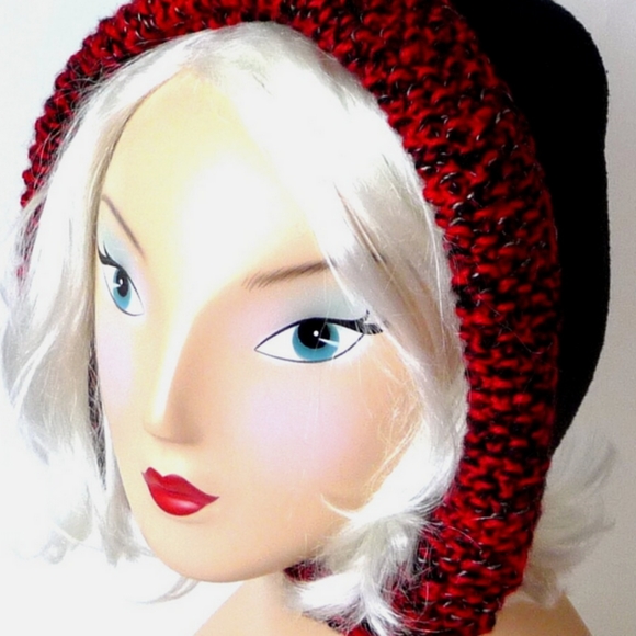 Hood Hat Reversible Red Black Knit Polarfleece OOAK Hand Made - Picture 2 of 8